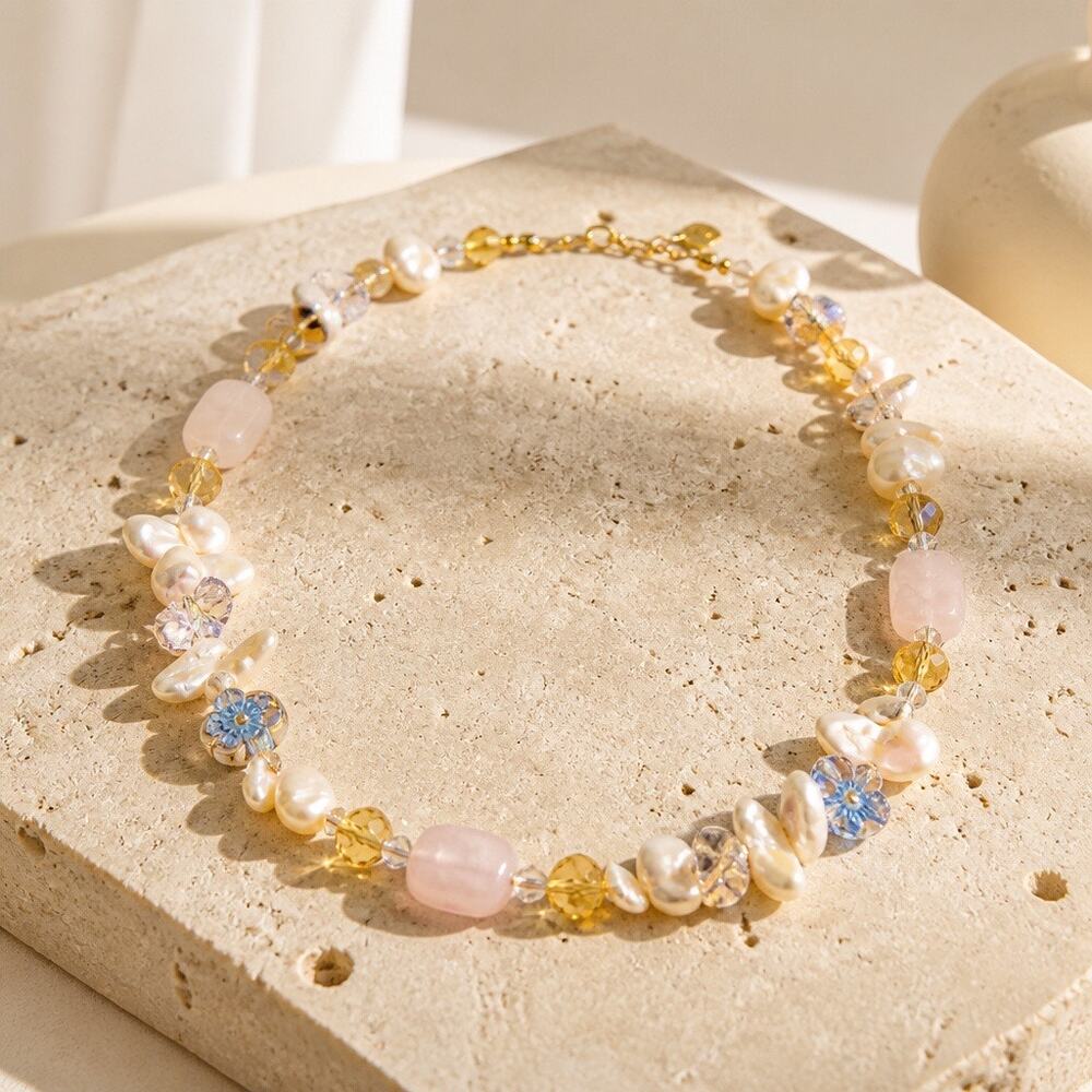 Vintage Rose Quartz, Mother of Pearl & Faceted Crystal Statement Necklace